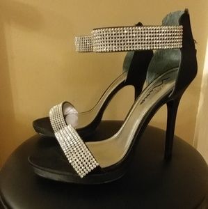 Black sateen/ rhinestone heeled sandals